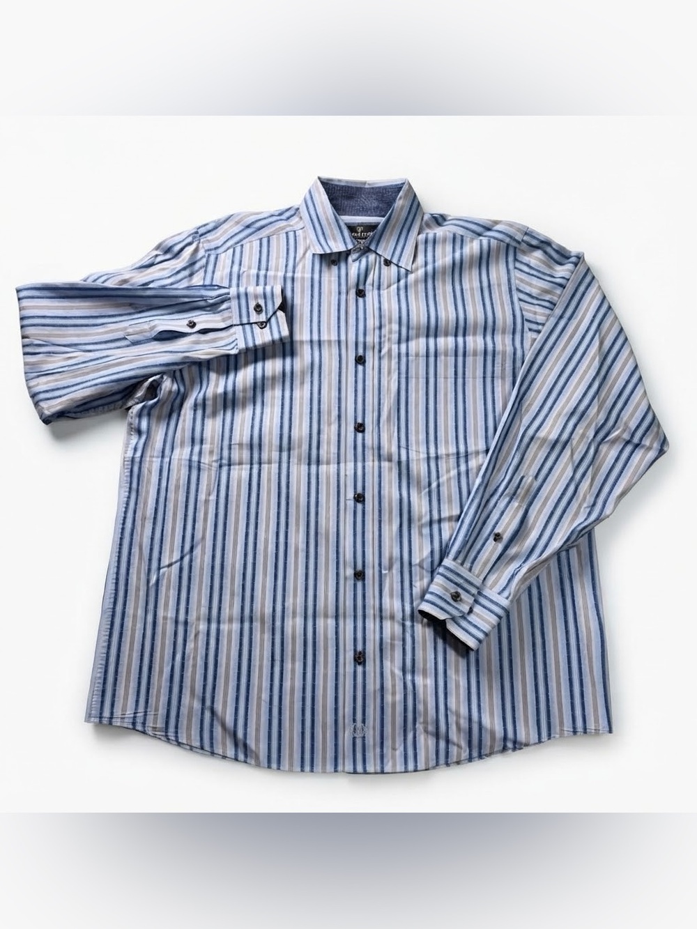 Bugatchi Long Sleeve Striped Dress Shirt Mens Medium Blue Patterned Collar